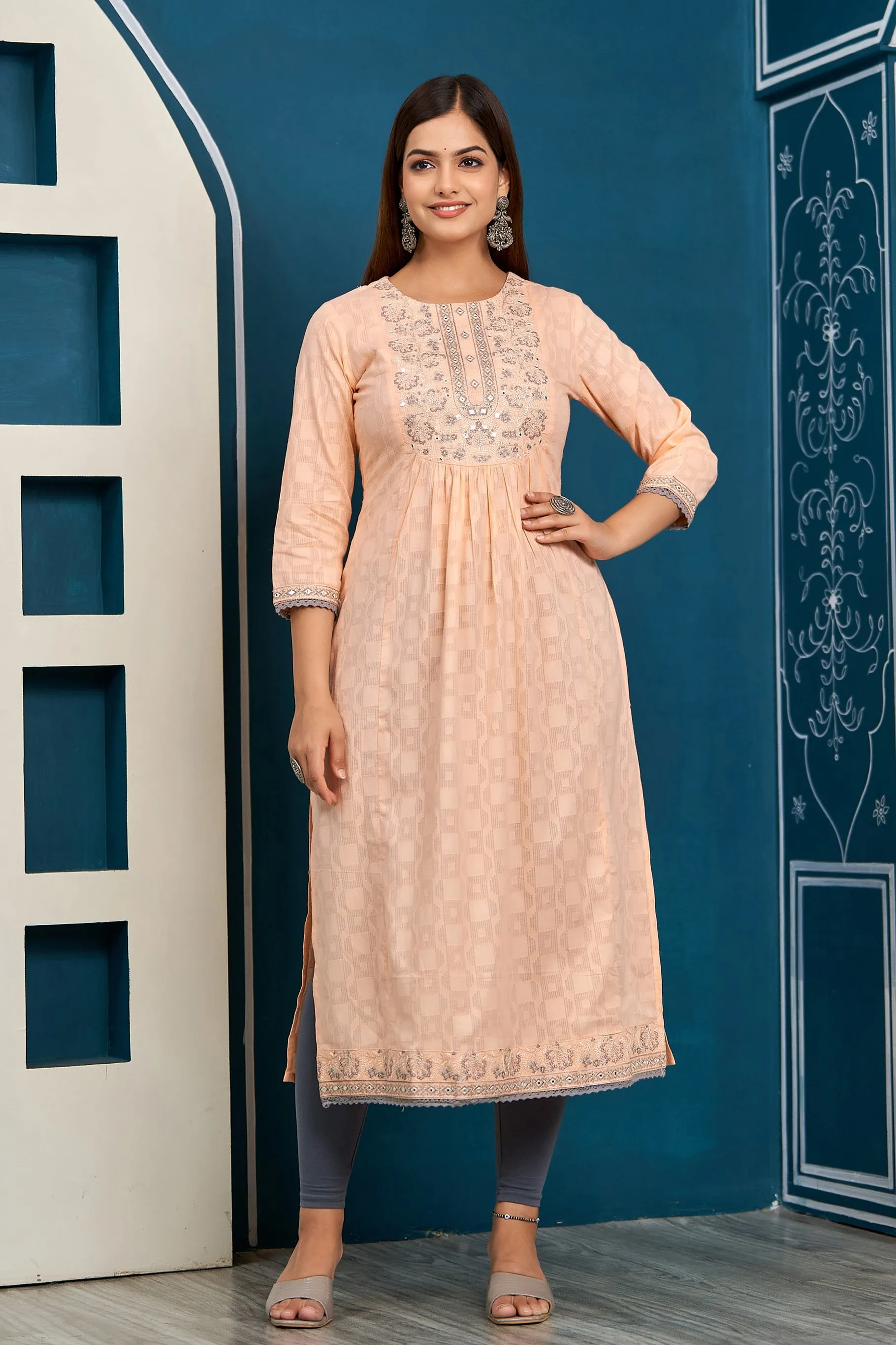 Womens Cotton Peach Nyara Cut A-Line Kurta